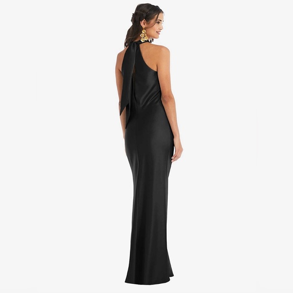 NWT L - Dessy Group - draped twist halter tie-back trumpet gown in black - Picture 2 of 5